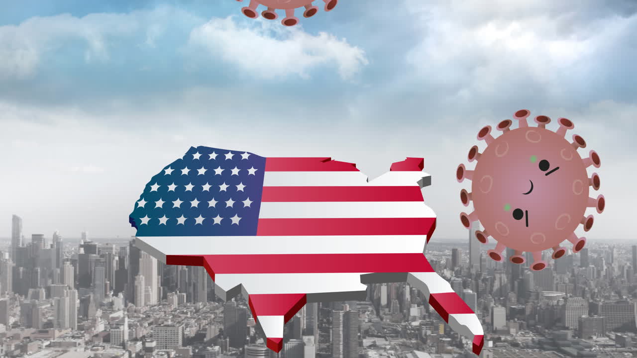 미국 지도 위의 코로나바이러스 세포의 애니메이션은 도시 풍경 배경에 미국  ⁇ 발로 색칠되었습니다.