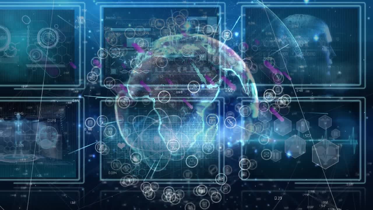 animación de formas púrpuras en todo el mundo en pantallas con datos científicos