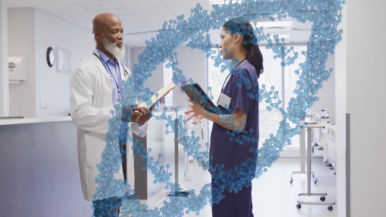 Animación de cadena de ADN y procesamiento de datos sobre un médico diverso en un hospital