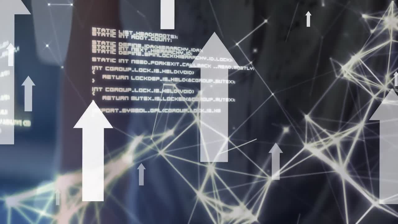 태블릿과 vr 헤드 ⁇ 을 사용하는 여성에 대한 디지털 아이콘 및 데이터 처리 네트워크의 애니메이션