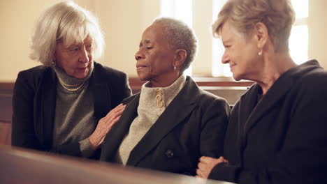 funeral, empathy and sad senior women in church