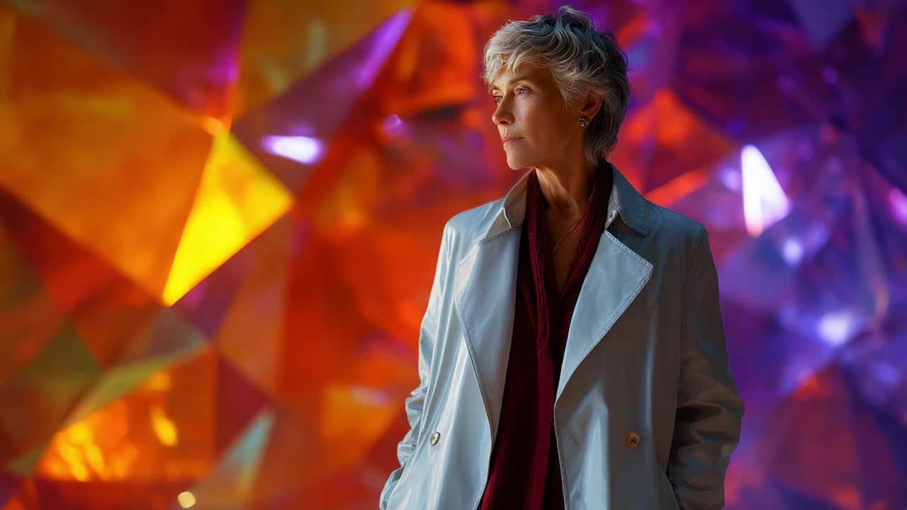 A contemplative figure stands against a vibrant backdrop of colorful crystalline patterns, exuding confidence and grace while immersing in an artistic exploration of light and hue