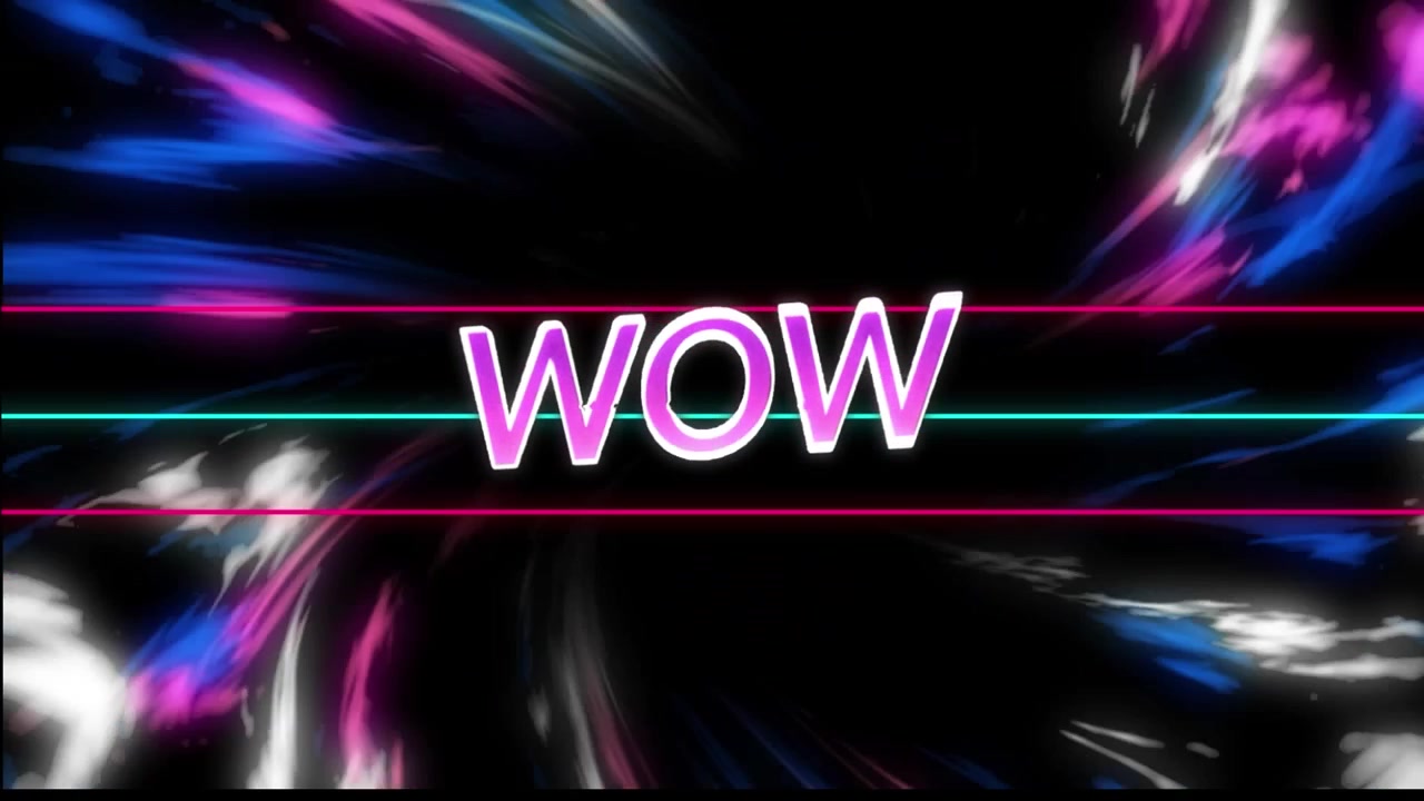 Animation av texten "WOW" över neonformer på svart bakgrund