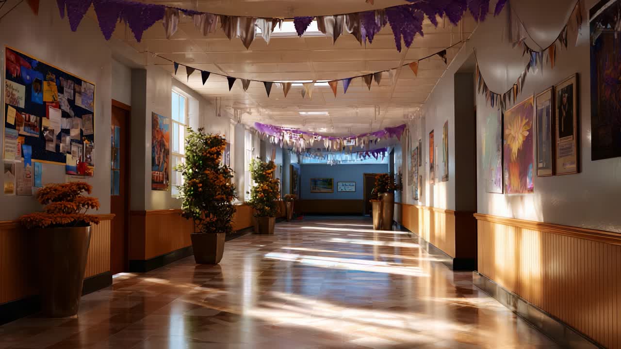 Ljus och färgrik hall dekorerad för ett speciellt tillfälle med festliga vimplar och blomsterarrangemang i ett välkomnande inomhusutrymme