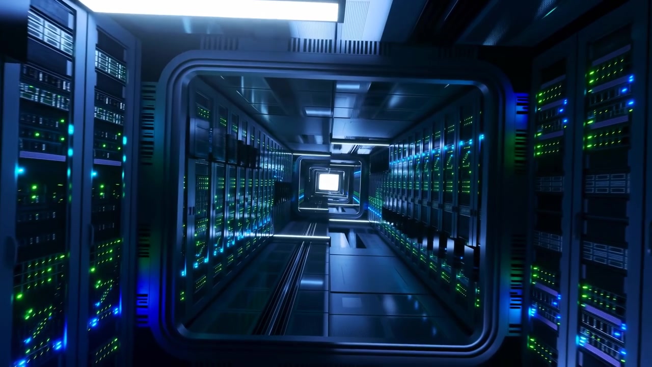 Low angled tilted tunnel shot inside modern data center aisle showing parallel rows of tall server racks converging toward bright square light at distant vanishing point