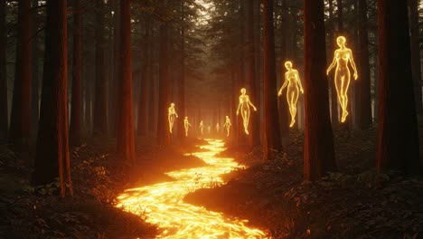 a mystical journey through enchanted woods illuminated by ethereal figures gliding above a flowing lava stream, creating an atmosphere of magic and wonder