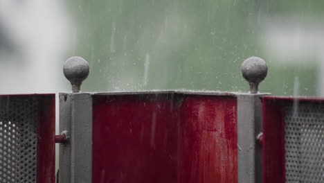 red metal fence in the rain