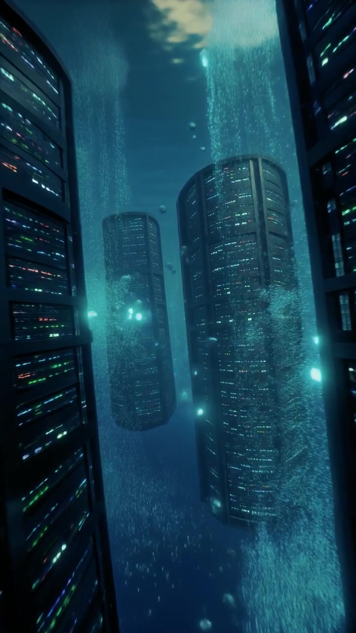 Futuristic Server Towers Submerged Underwater with Bubbles