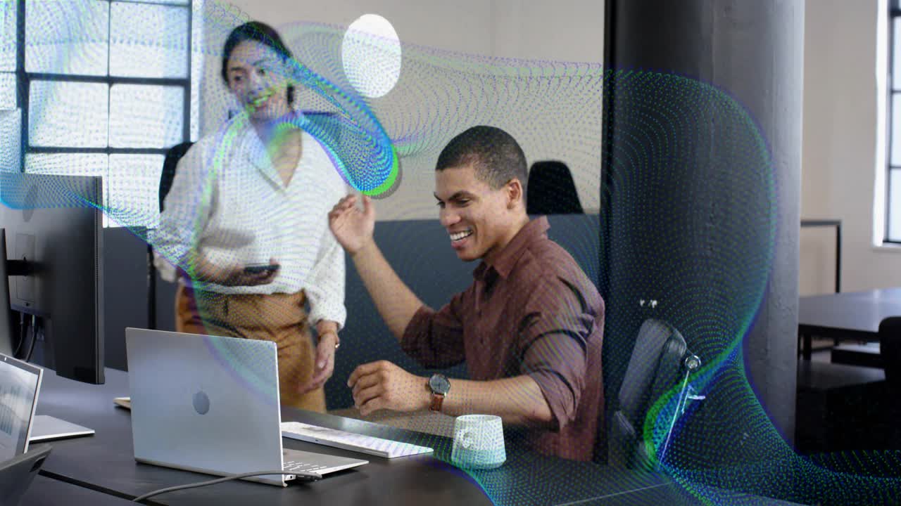 Man reading laptop result in tech office and celebrating, wave overlay guiding colleague to screen