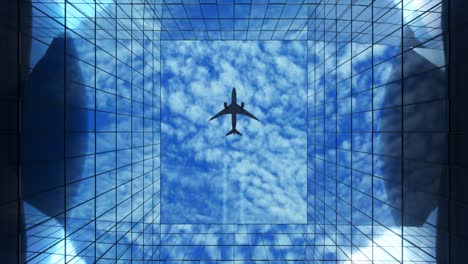 airplane flying over skyscrapers