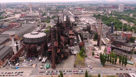 aerial view of a large, rusty industrial complex