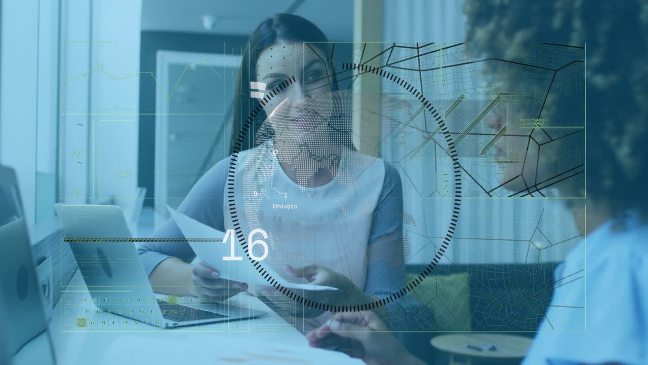 Two colleagues analyzing tech data at meeting, HUD appearing, progress meter filling then falling