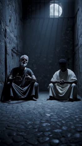 two prisoners in a prison cell at night