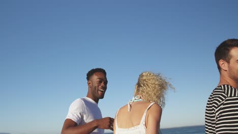 amigos adultos jóvenes relajándose junto al mar 4k