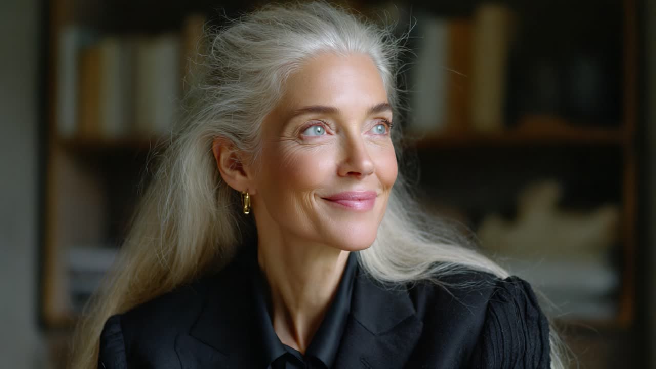 Un elegante ritratto che mostra un'affascinante donna in età avanzata con lunghi capelli argentei, che emana sicurezza e calore, ambientato su uno sfondo sfocato e delicato pieno di libri