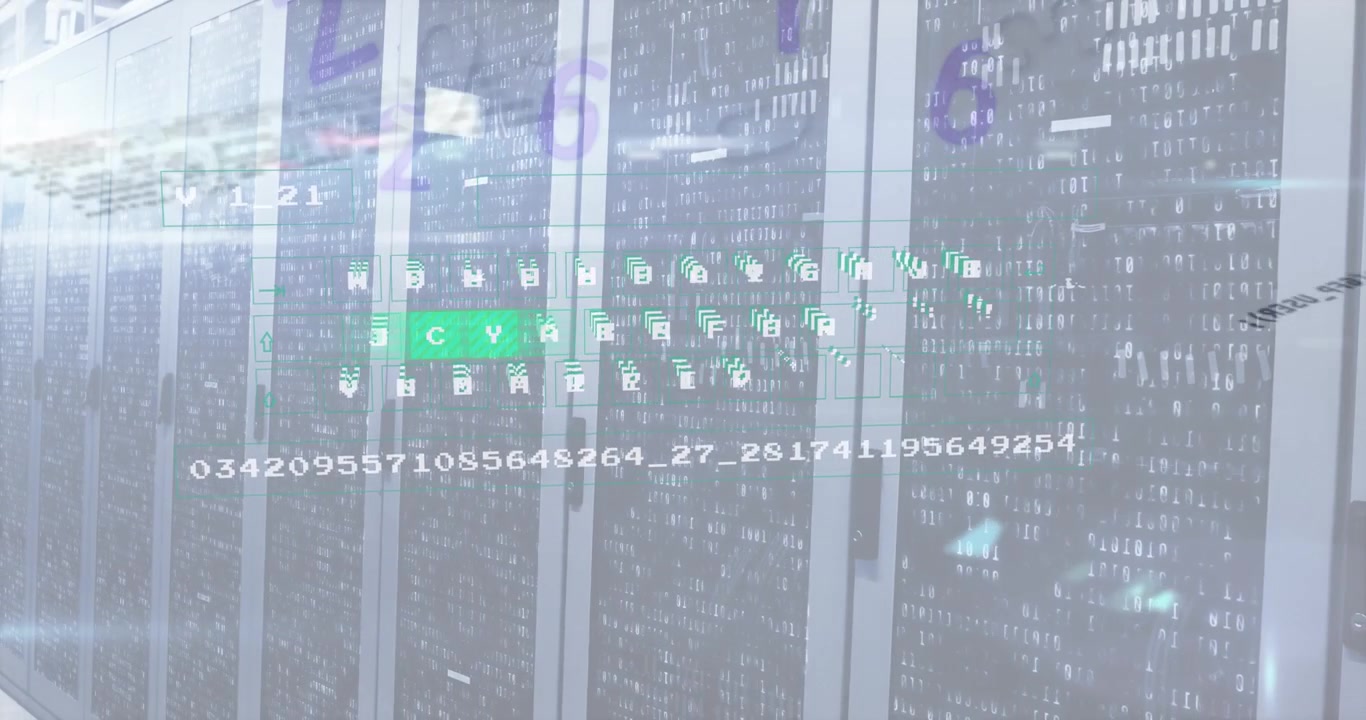 Digital animation showcases data processing in a server network with global connections.