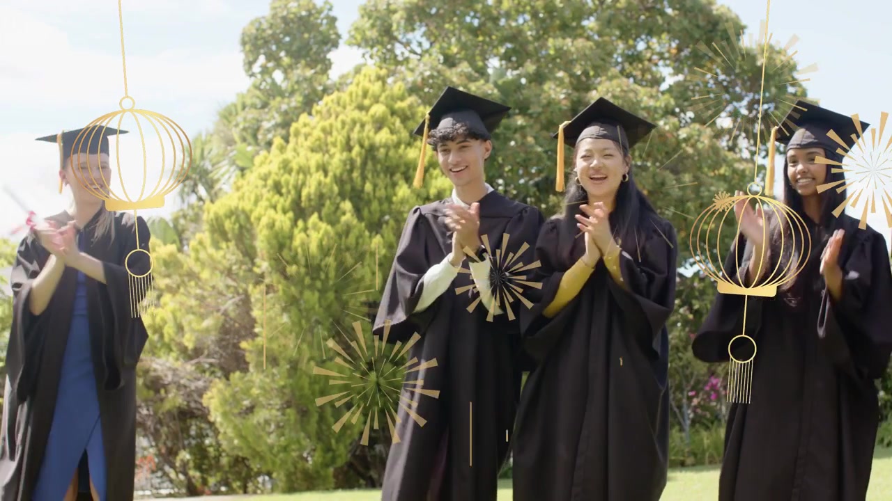 毕业生们站立，其中一人手持毕业证书向前迈步，金色光效叠加，同学们鼓掌庆祝毕业