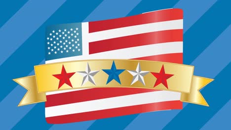 Multiple-colorful-stars-on-golden-ribbon-over-american-flag-against-striped-blue-background