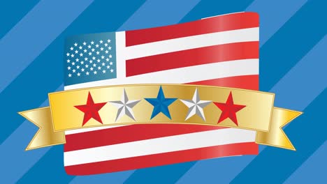 multiple colorful stars on golden ribbon over american flag against striped blue background