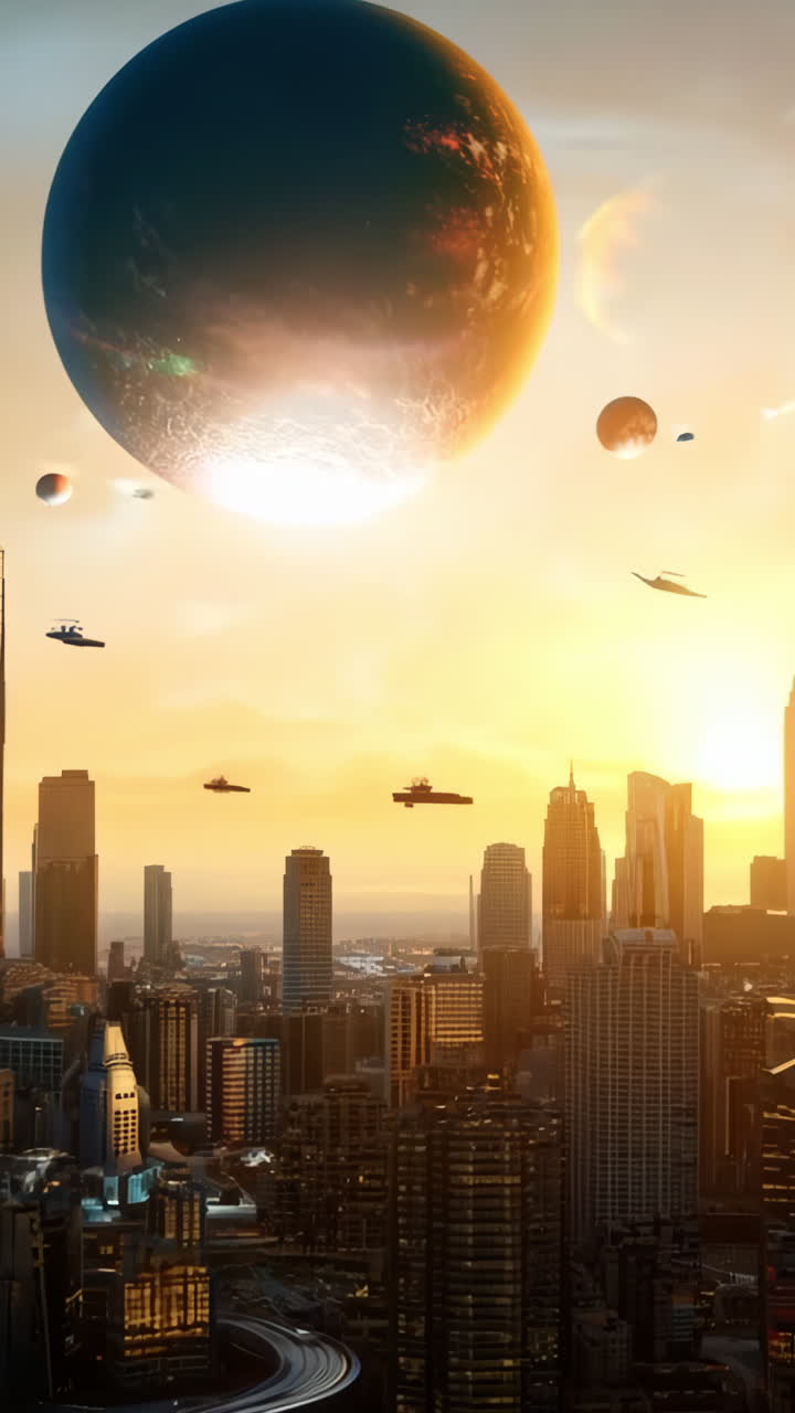 A cityscape with a large planet in the background. The city is lit up at night, giving it a futuristic and otherworldly feel