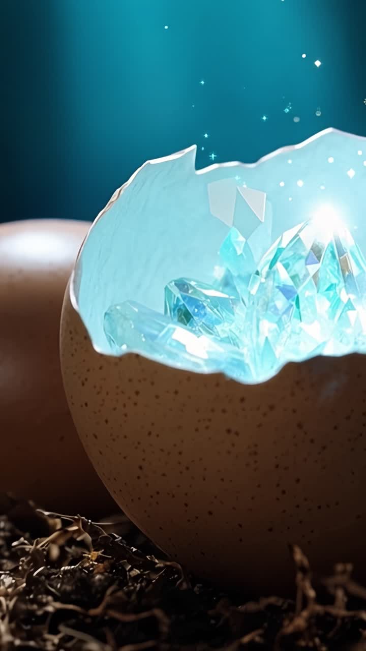 A Stunning Close-Up of a Cracked Eggshell Revealing Crystal-Like Gems Nestled Inside, Shining Beautifully Against a Soft Blue Background