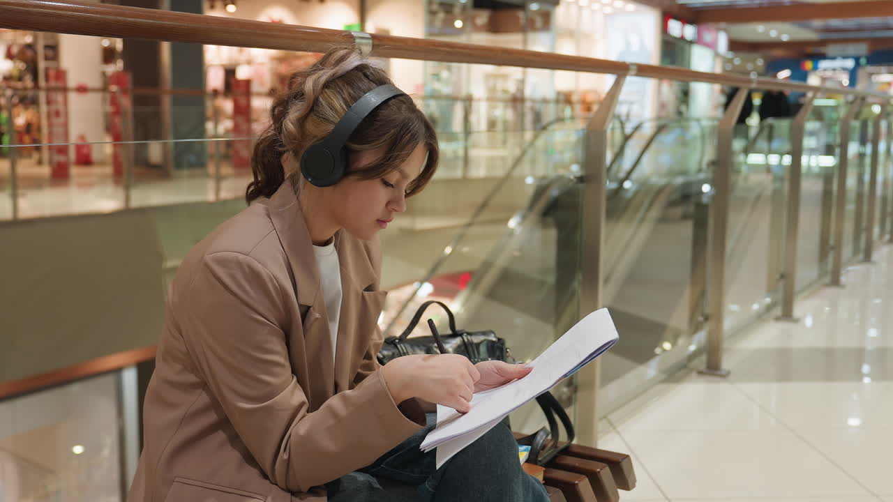 Artista concentrada esbozando ideas, joven absorta dibujando con auriculares en un centro comercial, chica anotando diligentemente ideas mientras escucha música en un centro comercial bullicioso