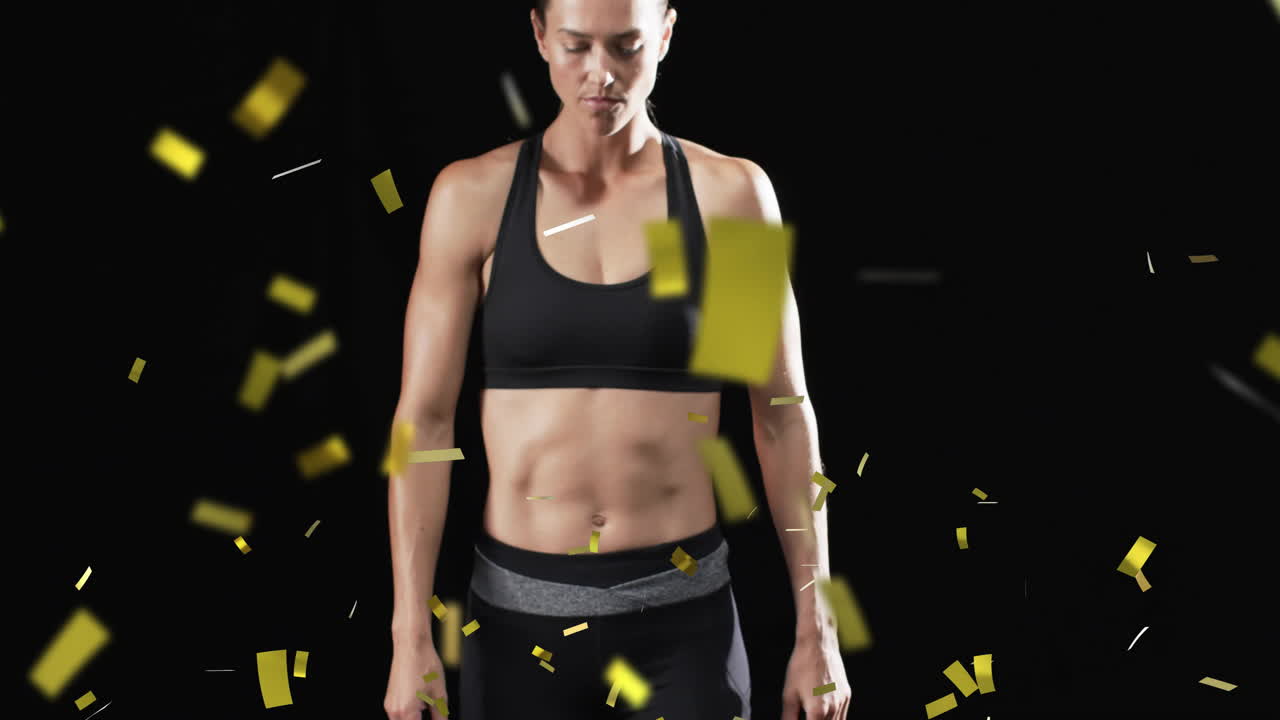 animação de confeti caindo sobre atleta caucasiana em fundo preto