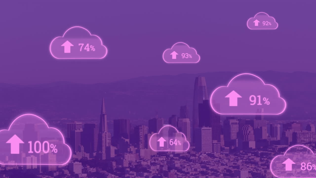 Animation of clouds icon with percentage with city in background