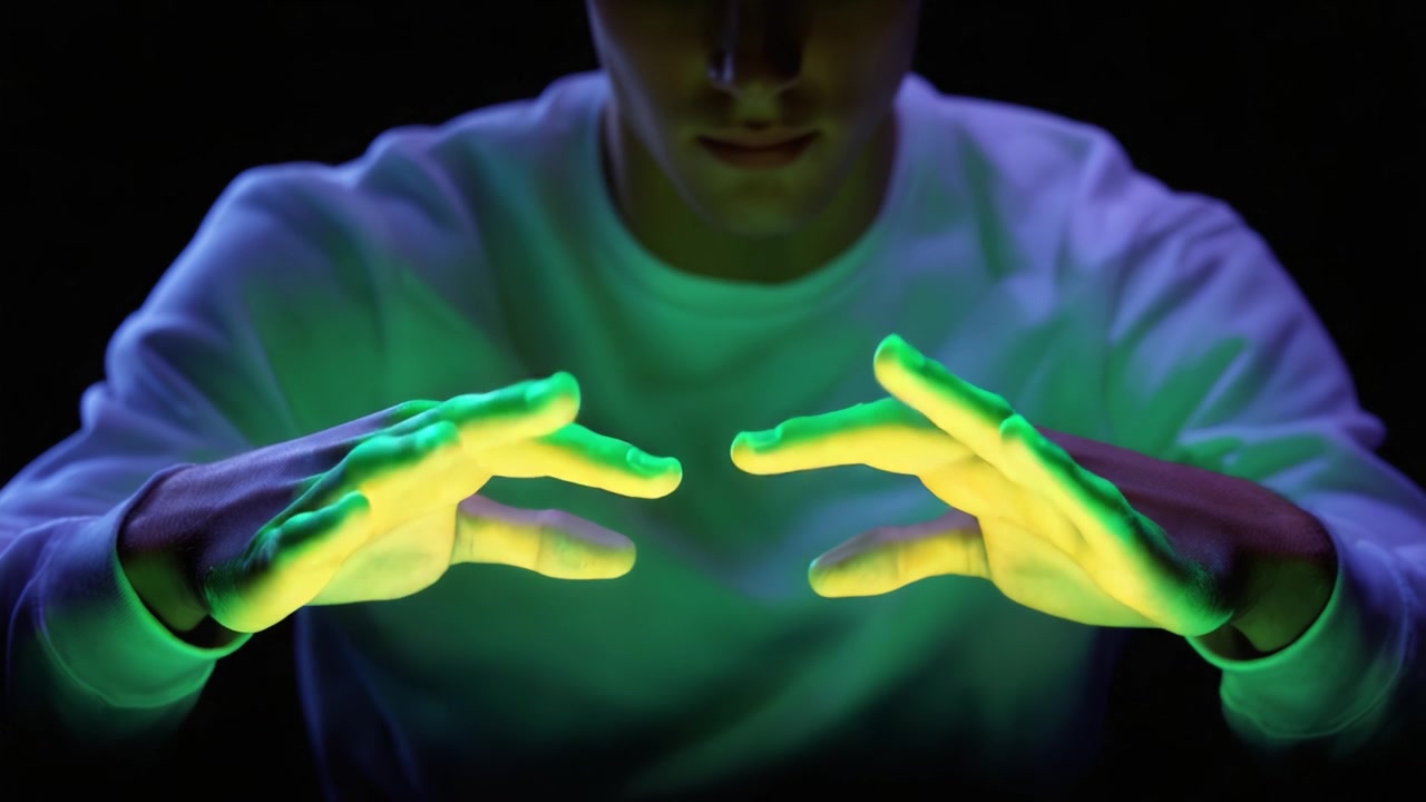 Mani illuminate: Un'esplorazione visiva dell'interazione tra colore e luce, che mostra la trasformazione dell'ordinario in straordinario attraverso effetti luminosi.