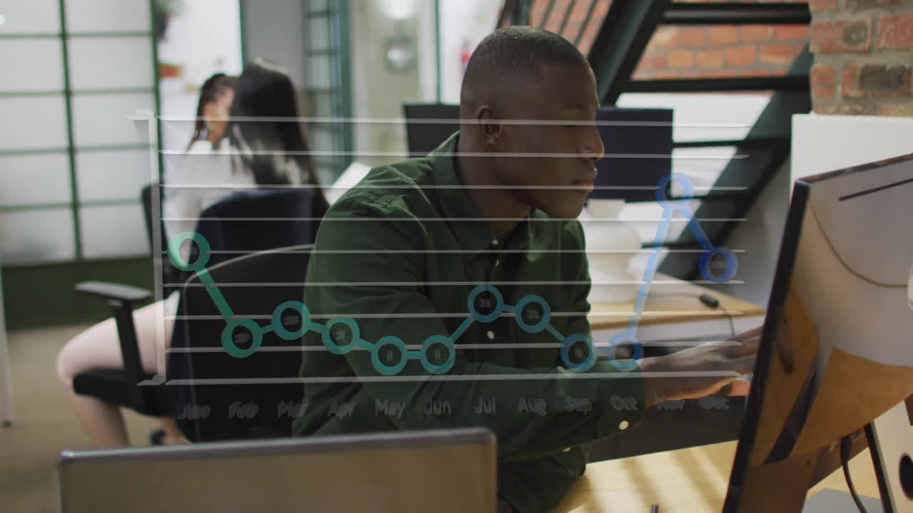 Animation of graph over african american man working on computer in office
