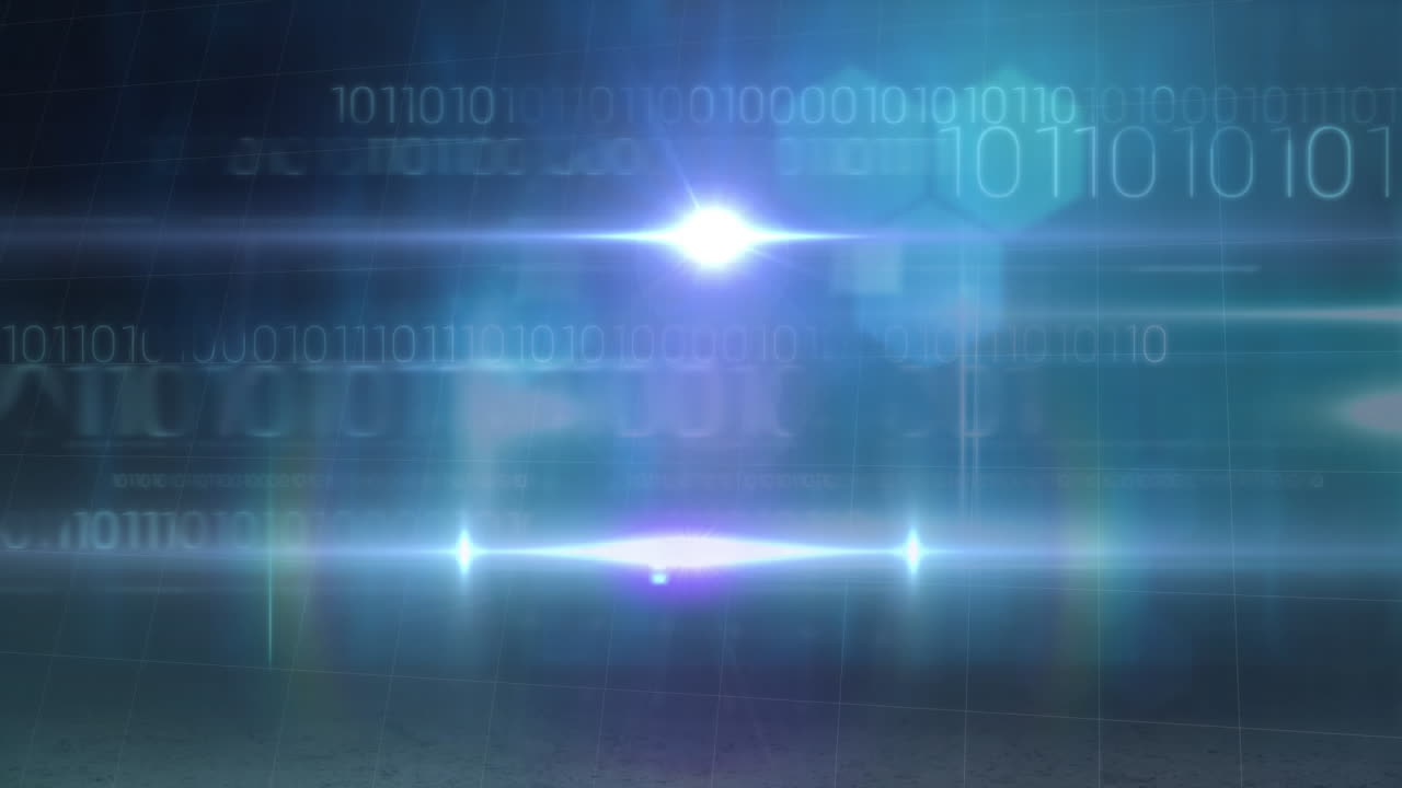 반 ⁇ 이는 모니터 라인의 애니메이션과 반 ⁇ 이는 배경 위의 바이너리 코딩 데이터 처리