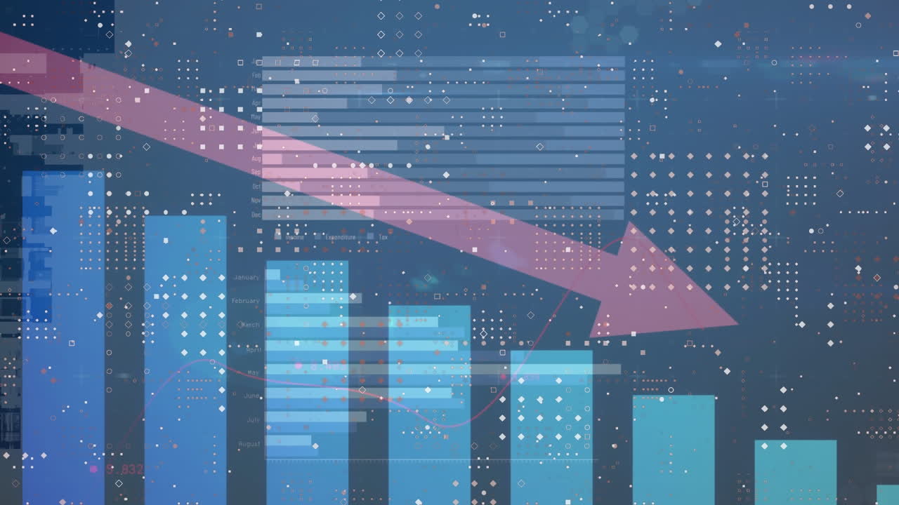 파란색 배경에 대한 통계적 시장 데이터 처리에 대한 점 패턴 디자인의 애니메이션