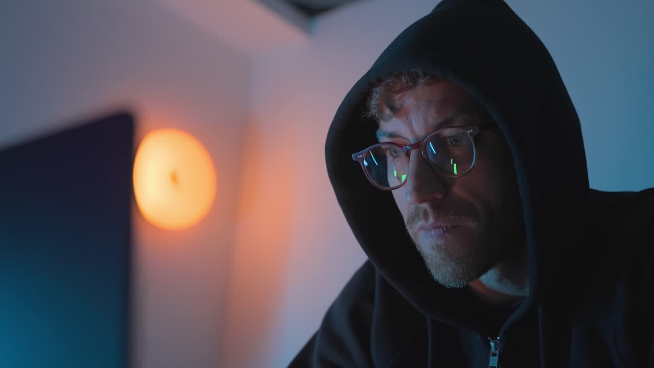 Hacker de ciberseguridad con sudadera usando una computadora por la noche con el brillo de la pantalla en su rostro. Concepto de ciberseguridad, hacking, cibercrimen, fuga de datos, malware, phishing y amenaza en línea.