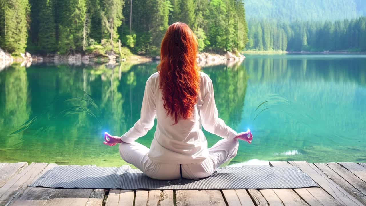 una mujer encuentra paz y tranquilidad meditando junto a un lago sereno rodeado de exuberante vegetación