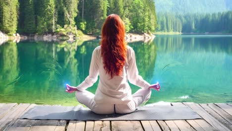 A-woman-finds-peace-and-tranquility-meditating-by-a-serene-lake-surrounded-by-lush-greenery