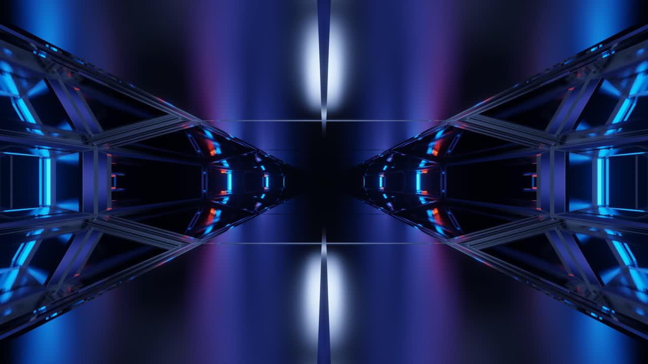 Motion graphics sci fi moving forward inside corridor with reflective smooth purple floor and ceiling tiles and blurred orange and teal decorative walls