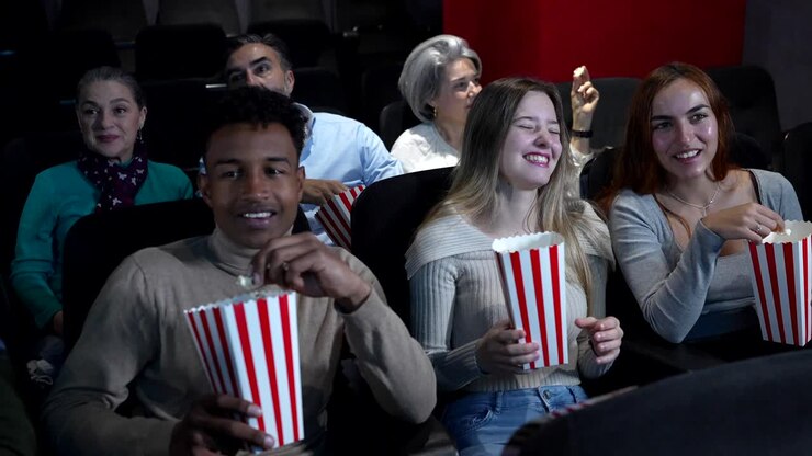 Persone che si godono un film al cinema con popcorn