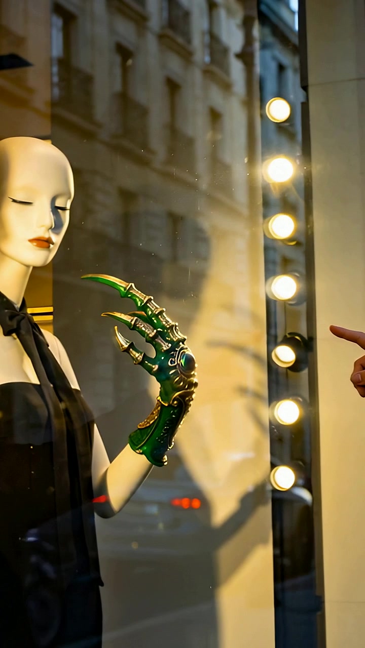 Vertical video: Entering passerby hand pointing to see green claw on dummy in dress at shop window