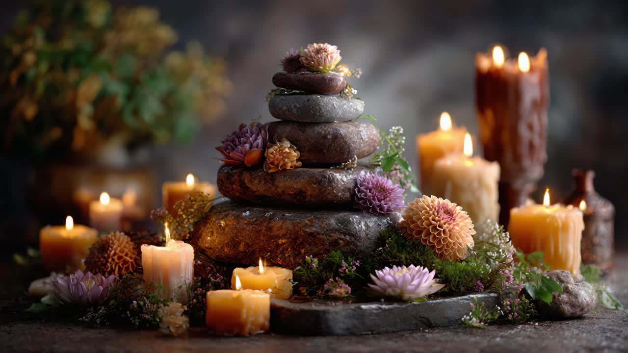Disposizione serena di pietre impilate circondate da fiori vivaci e candele dalla luce soffusa, che crea un'atmosfera tranquilla perfetta per la meditazione e il relax.