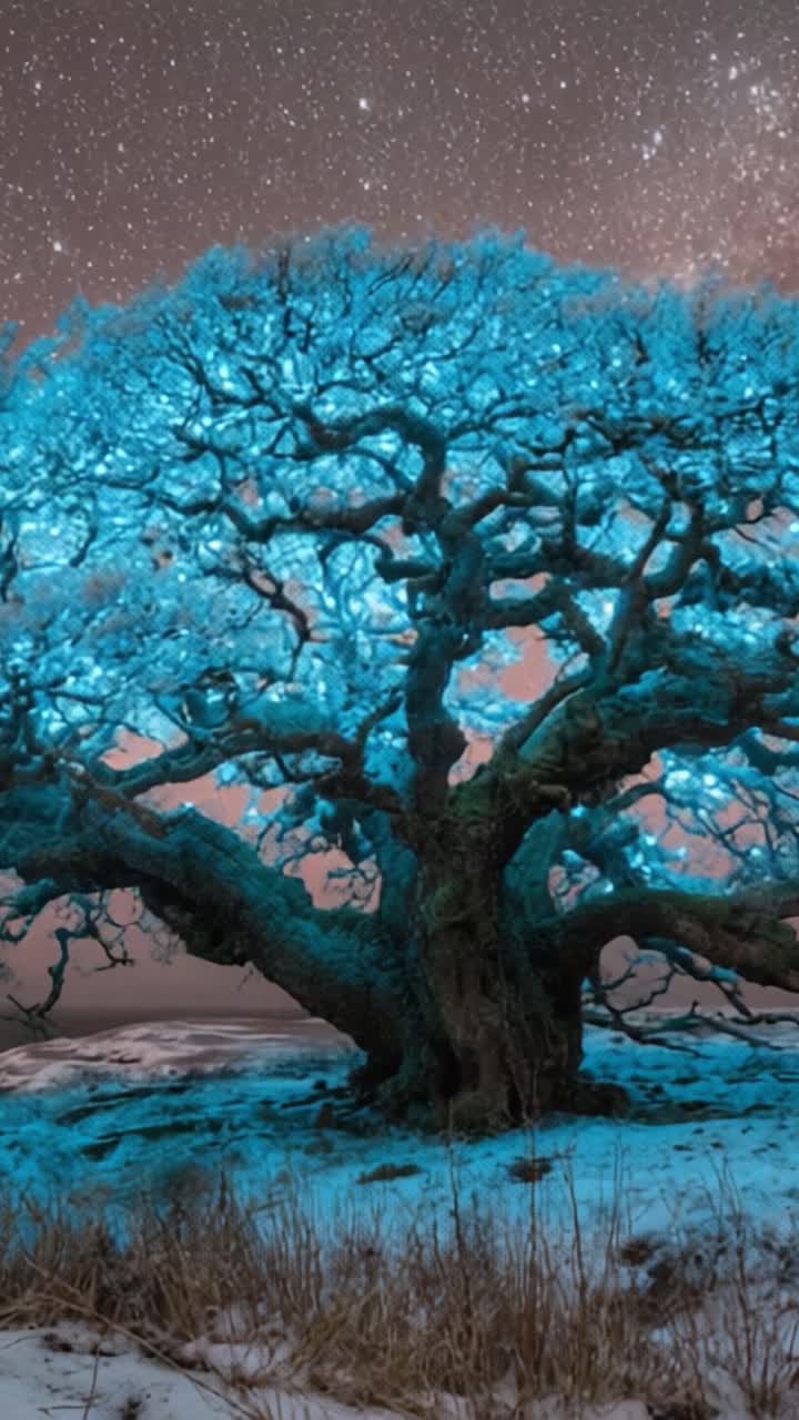 Un árbol impresionante e iluminado en un cielo nocturno estrellado, mostrando la belleza de la naturaleza y los intrincados detalles de sus ramas bajo un fascinante telón de fondo cósmico.