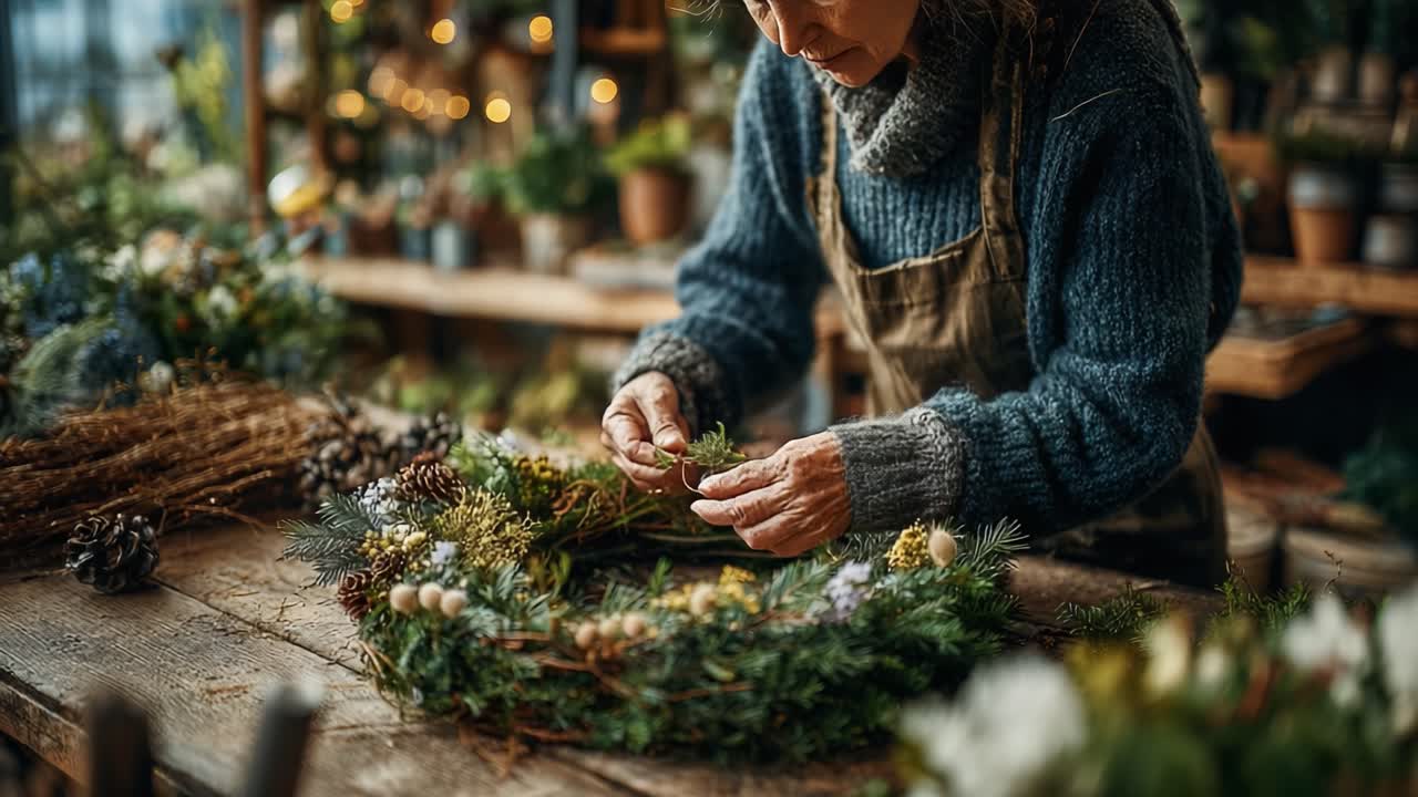 Crafting a Beautiful Wreath: An Artisan's Touch in a Flourishing Floral Workshop Filled with Nature's Bounty and Creative Inspiration