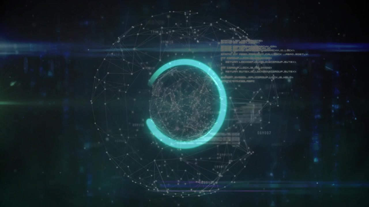 On start sphere glowing while cyan arc expanding indicating loading progress with scrolling text
