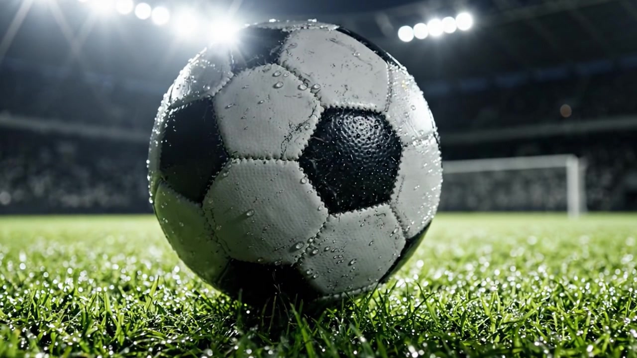 Eine Nahaufnahme eines taufrischen Fußballs auf dem Spielfeld, die die Essenz des Spiels unter hellen Stadionlichtern und frischem Gras einfängt.
