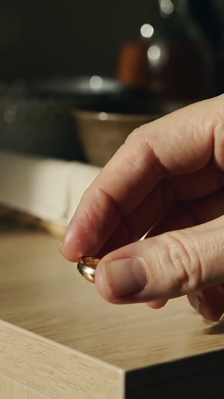 Video verticale: Abbassando la mano destra, stringendo la presa, posizionando un piccolo anello d'oro su un tavolino angolare di legno.