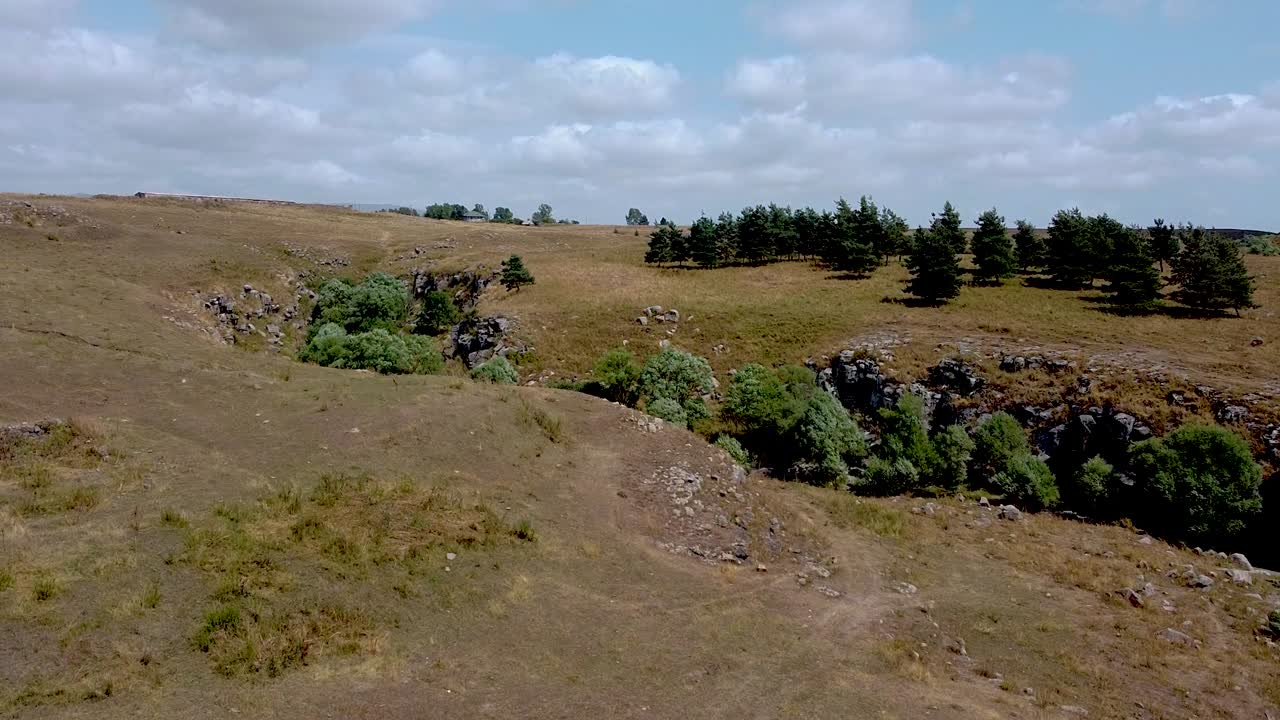 This tranquil landscape showcases rolling hills dotted with trees under a bright blue sky. The lush greenery stands out against the dry terrain, creating a peaceful atmosphere for outdoor exploration