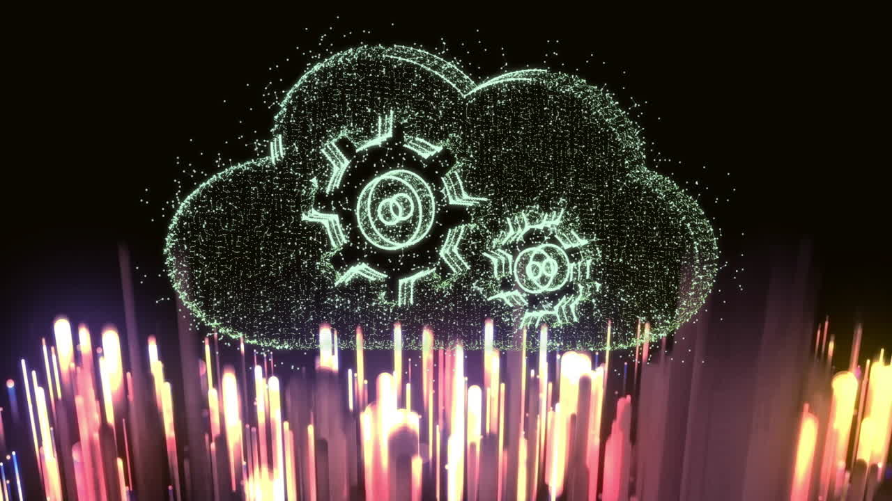 Digital gears and glowing fiber optic cables showing cloud computing animation