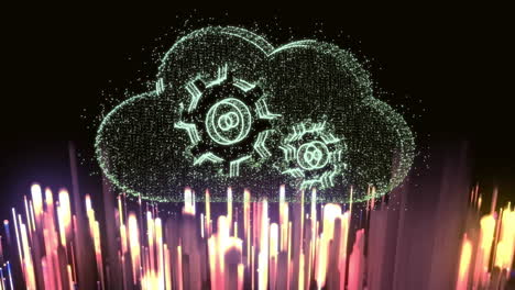 digital gears and glowing fiber optic cables showing cloud computing animation