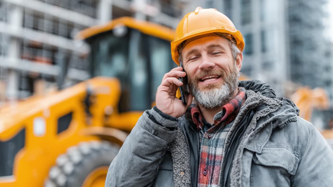 A Construction Worker Wearing an Orange Hard Hat Smiles While Talking on a Mobile Phone at a Building Site Surrounded by Heavy Machinery and Ongoing Construction Activities