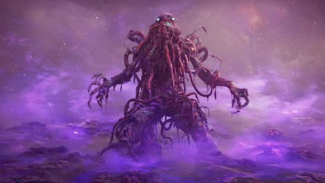 eldritch tentacled monster in a purple alien landscape