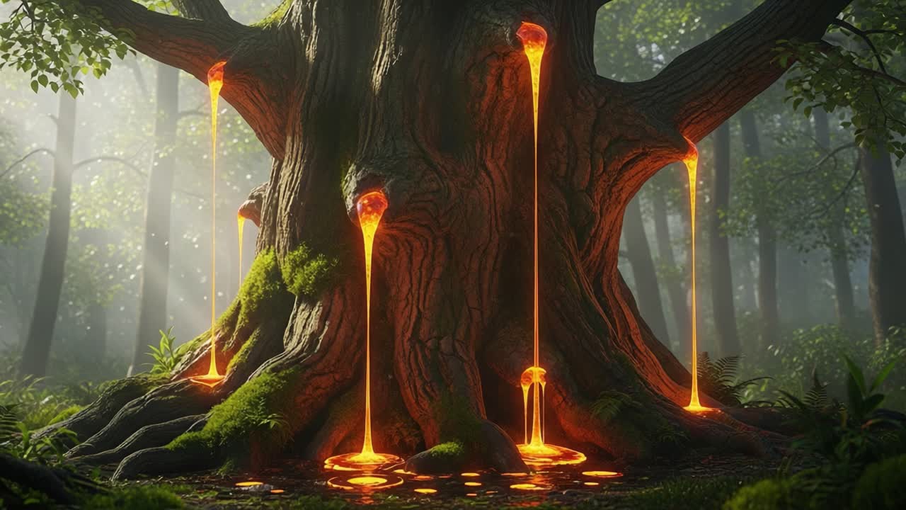 A Majestic Tree of Enchanting Beauty: Witness the Dripping Golden Glow of Viscous Substance Cascading from a Timeless Tree in a Mystical Forest Setting